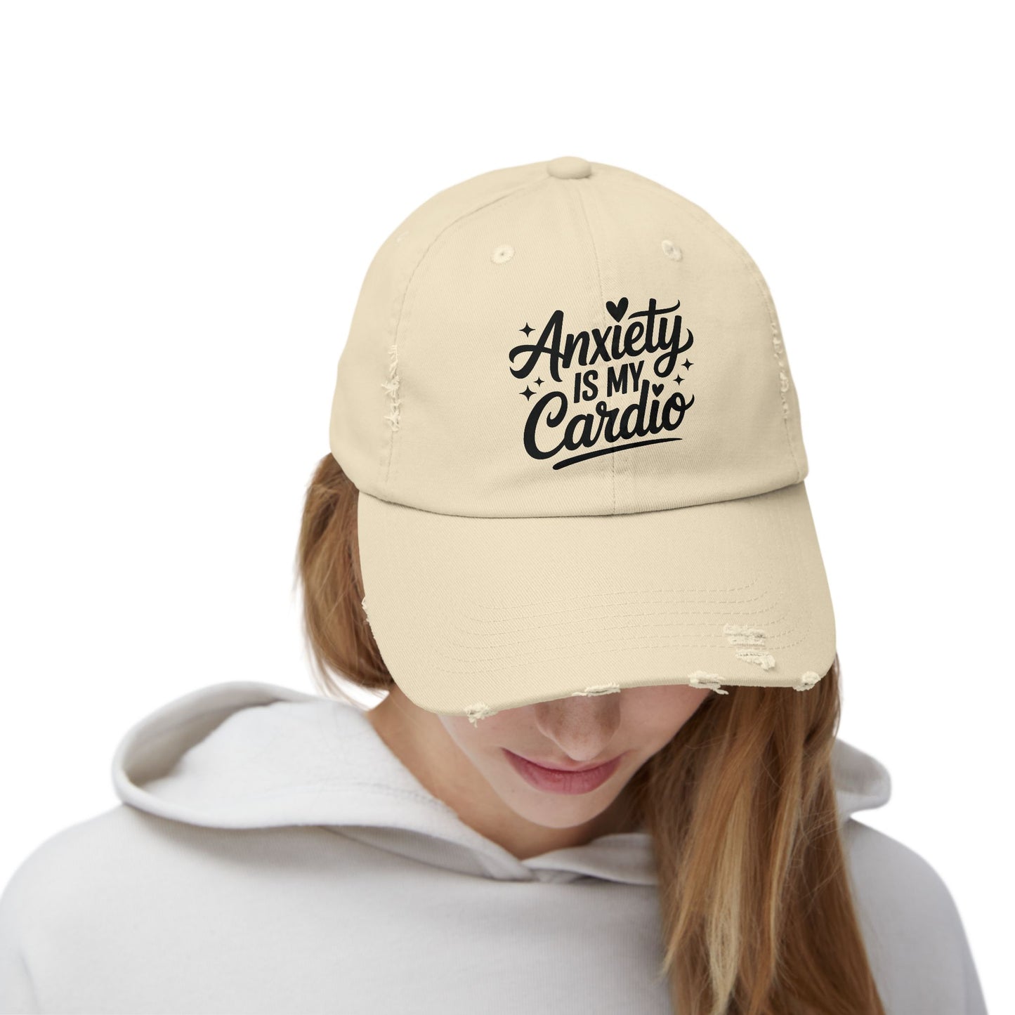 Unisex Distressed Cap with 'Anxiety is My Cardio' -