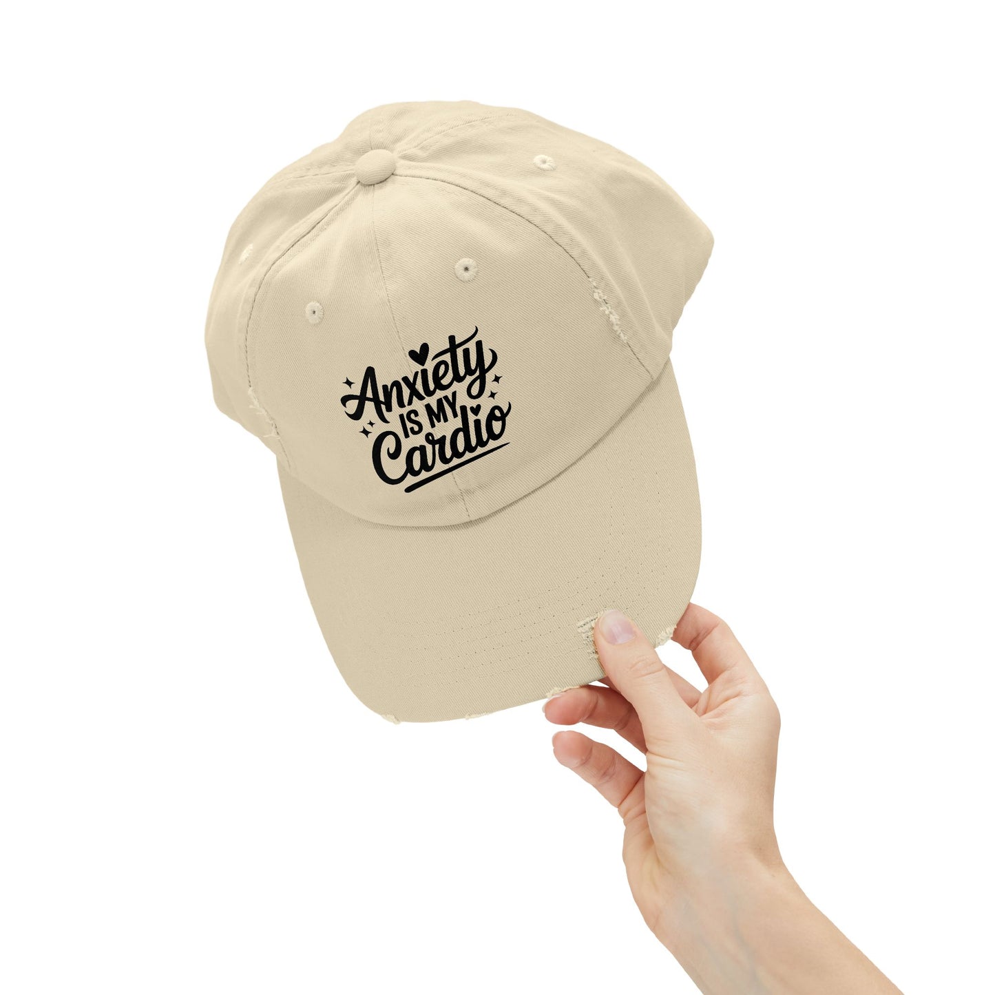 Unisex Distressed Cap with 'Anxiety is My Cardio' -