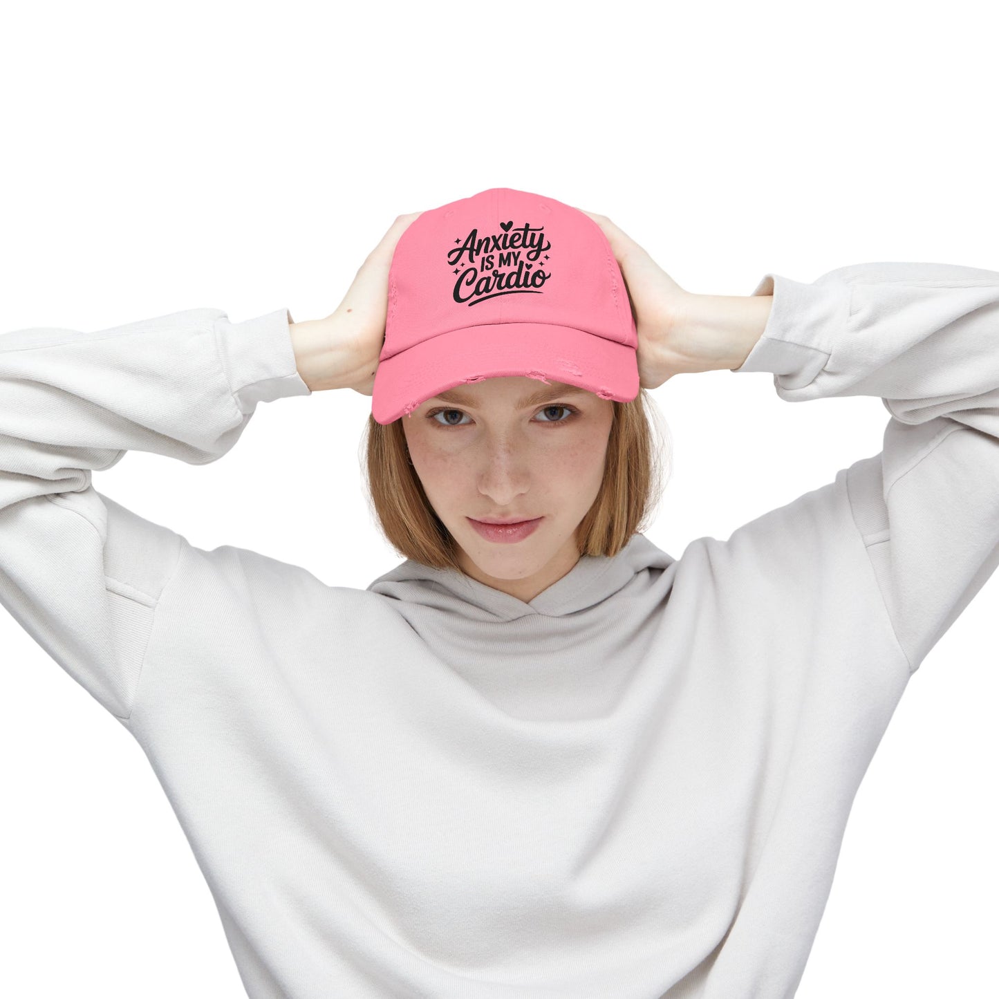 Unisex Distressed Cap with 'Anxiety is My Cardio' -
