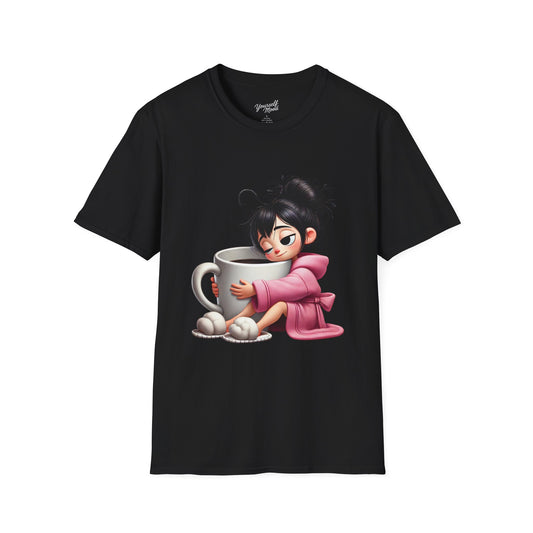 Cozy Graphic Tee with Cute Character, Tshirt for Coffee Lovers