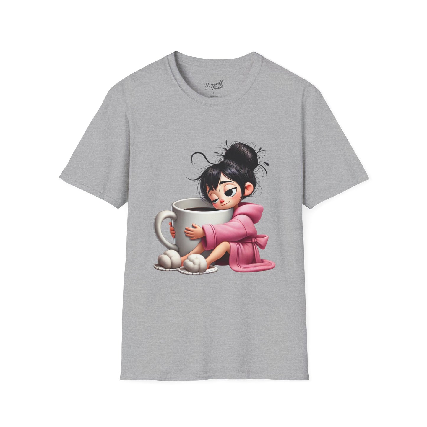 Cozy Graphic Tee with Cute Character, Tshirt for Coffee Lovers