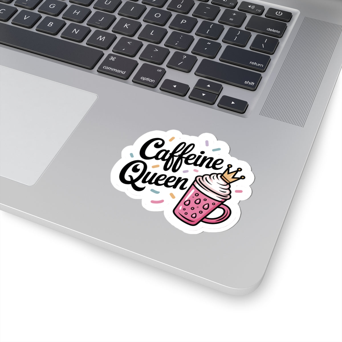 Caffeine Queen Sticker — Cute Pink Coffee Cup Decal with Crown