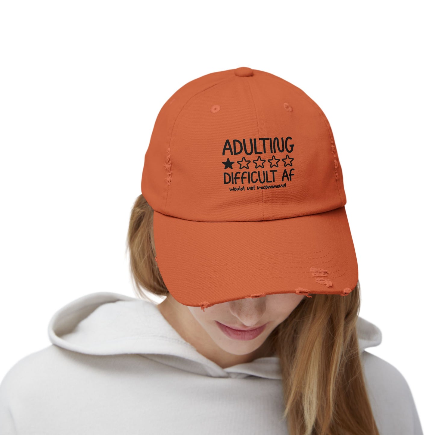 Adulting Difficult AF Distressed Cap — Funny Rating Graphic Hat