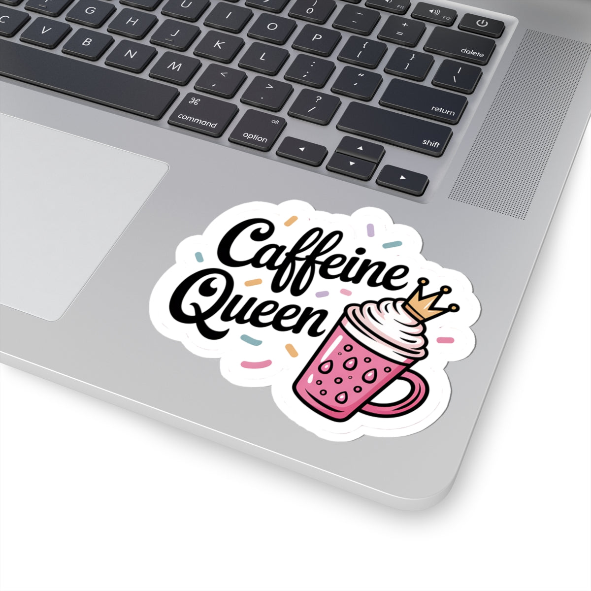 Caffeine Queen Sticker — Cute Pink Coffee Cup Decal with Crown