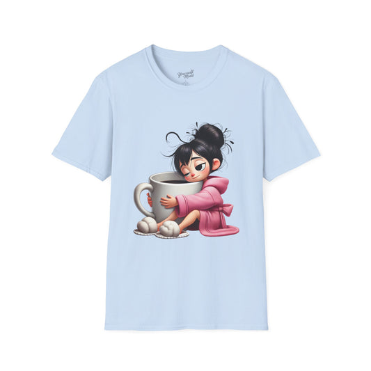 Cozy Graphic Tee with Cute Character, Tshirt for Coffee Lovers