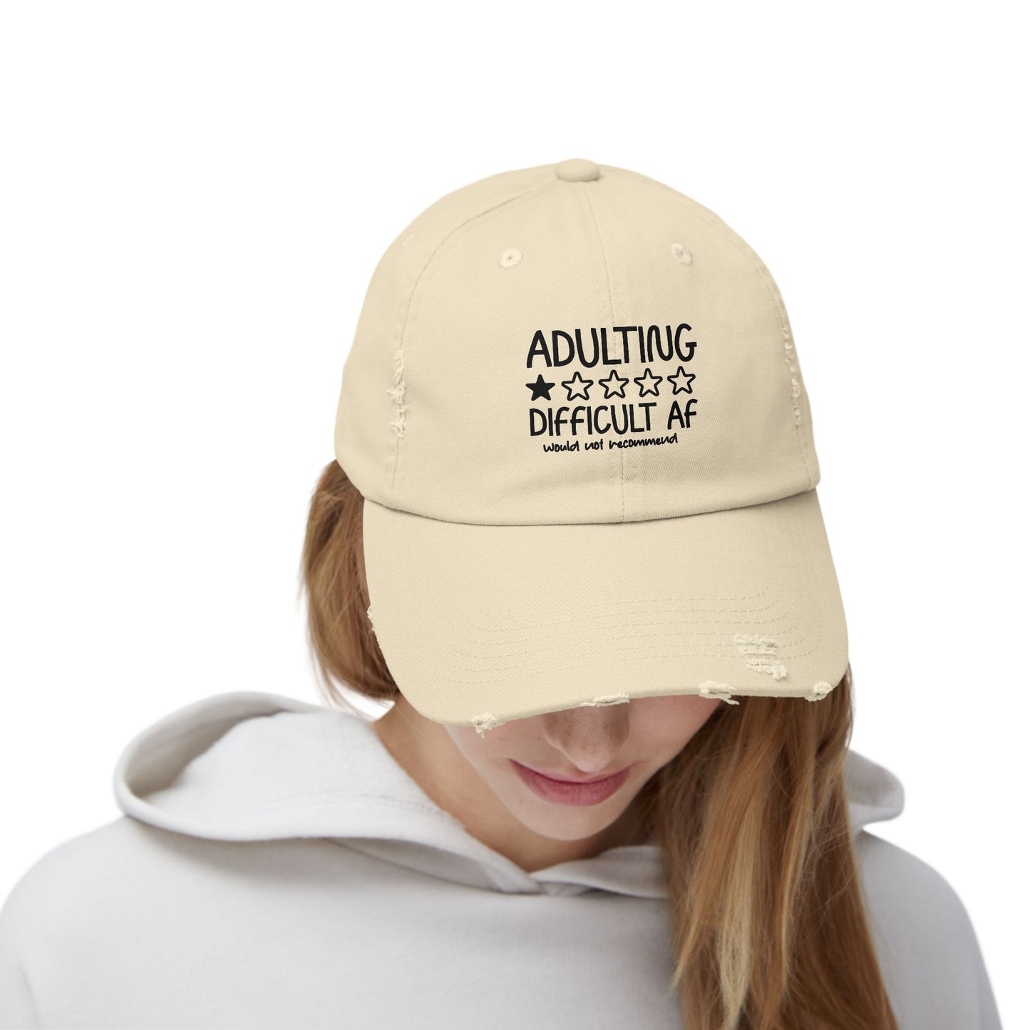 Adulting Difficult AF Distressed Cap — Funny Rating Graphic Hat