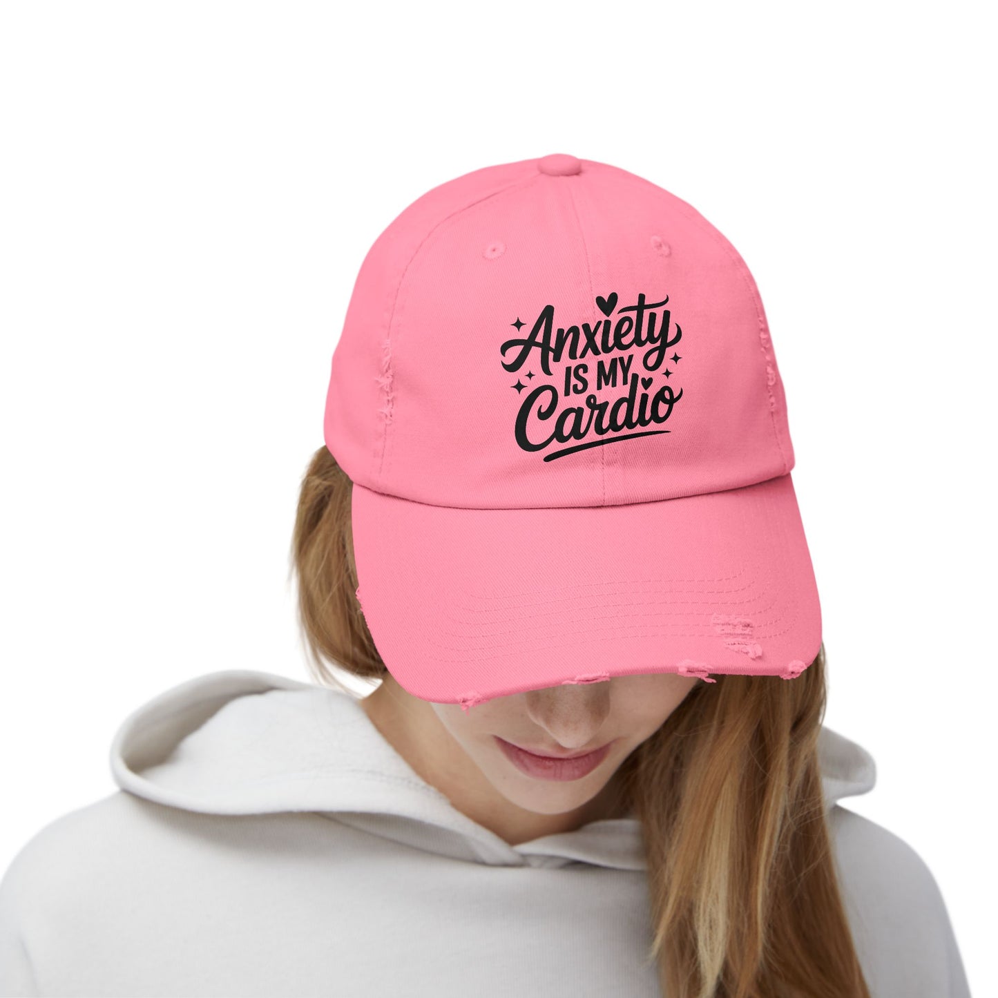 Unisex Distressed Cap with 'Anxiety is My Cardio' -