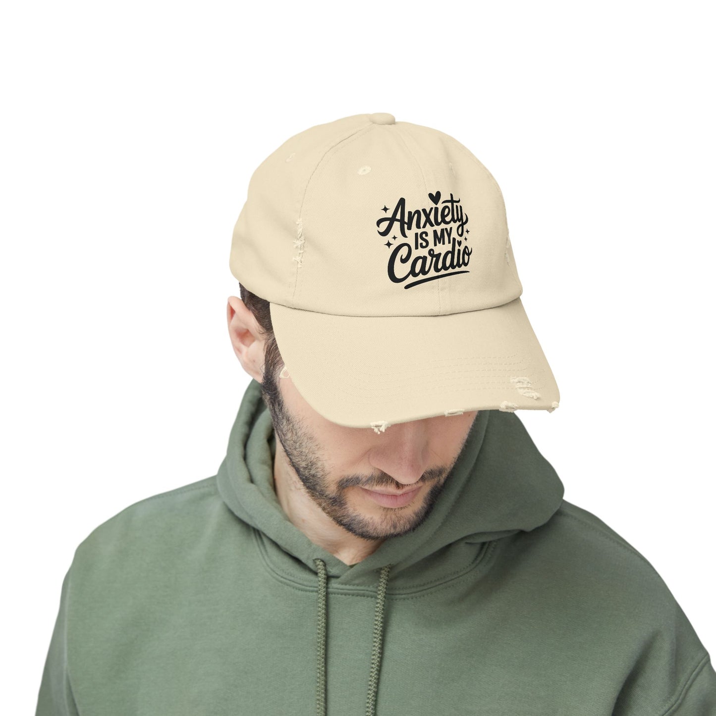 Unisex Distressed Cap with 'Anxiety is My Cardio' -