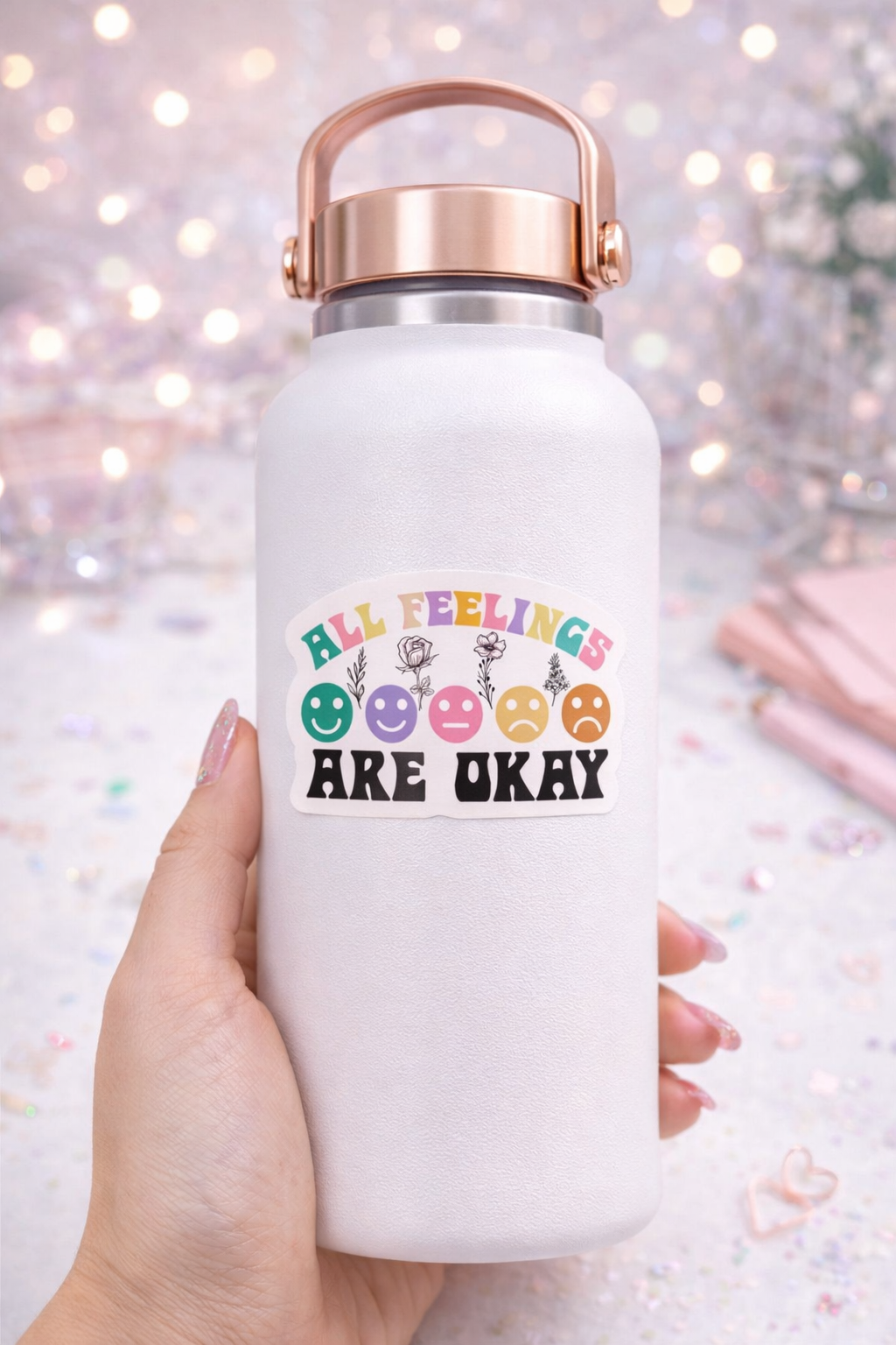 All Feelings Are Okay Kiss-Cut Sticker — Rainbow Smiley Mental Health Decal