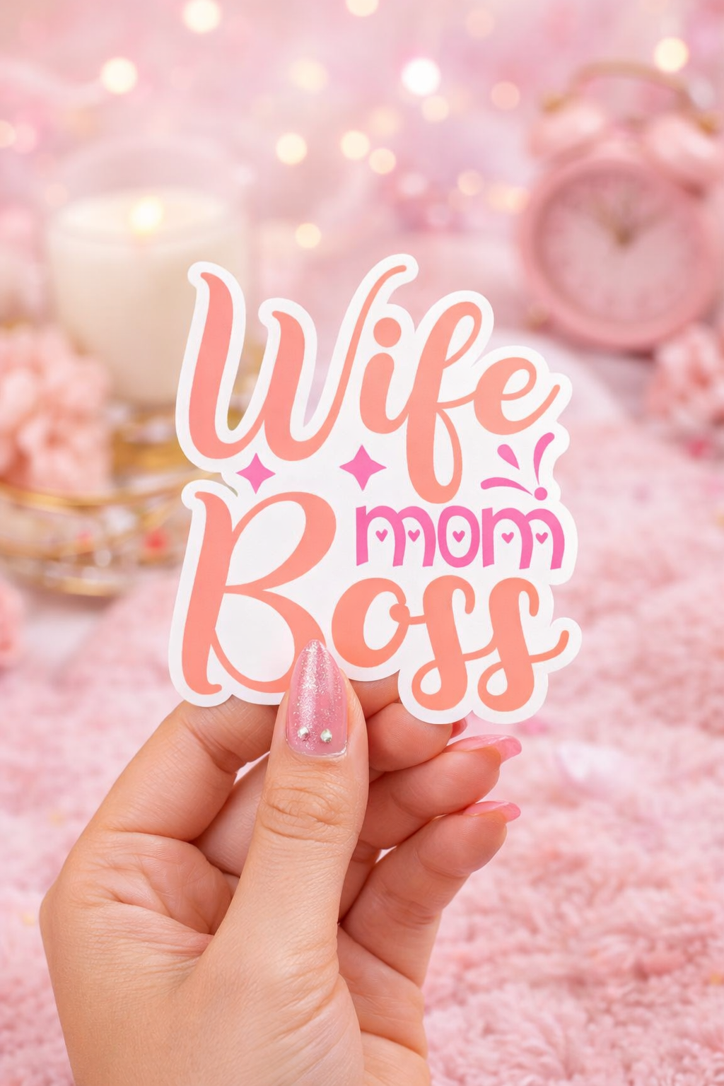 Wife Mom Boss Kiss-Cut Sticker – Pink Script Motivational Decal for Moms