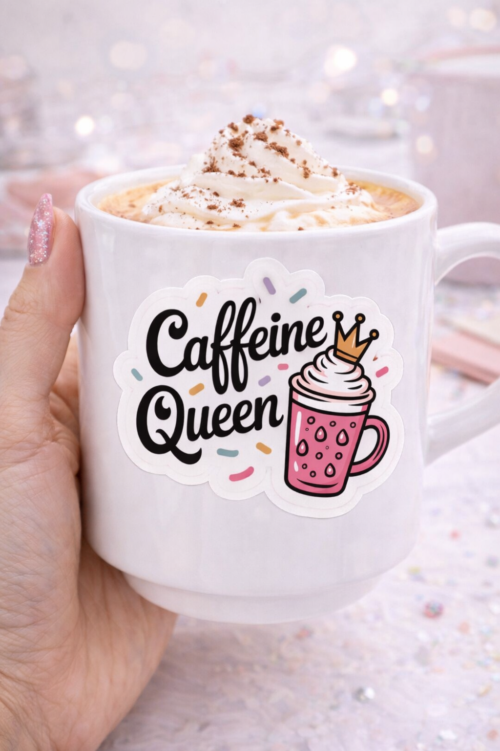 Caffeine Queen Sticker — Cute Pink Coffee Cup Decal with Crown