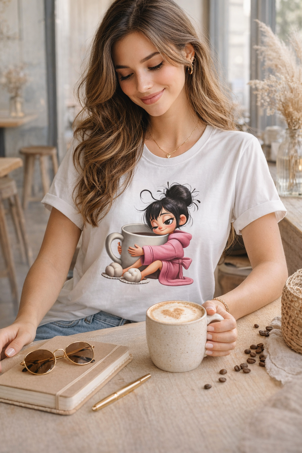 Cozy Graphic Tee with Cute Character, Tshirt for Coffee Lovers
