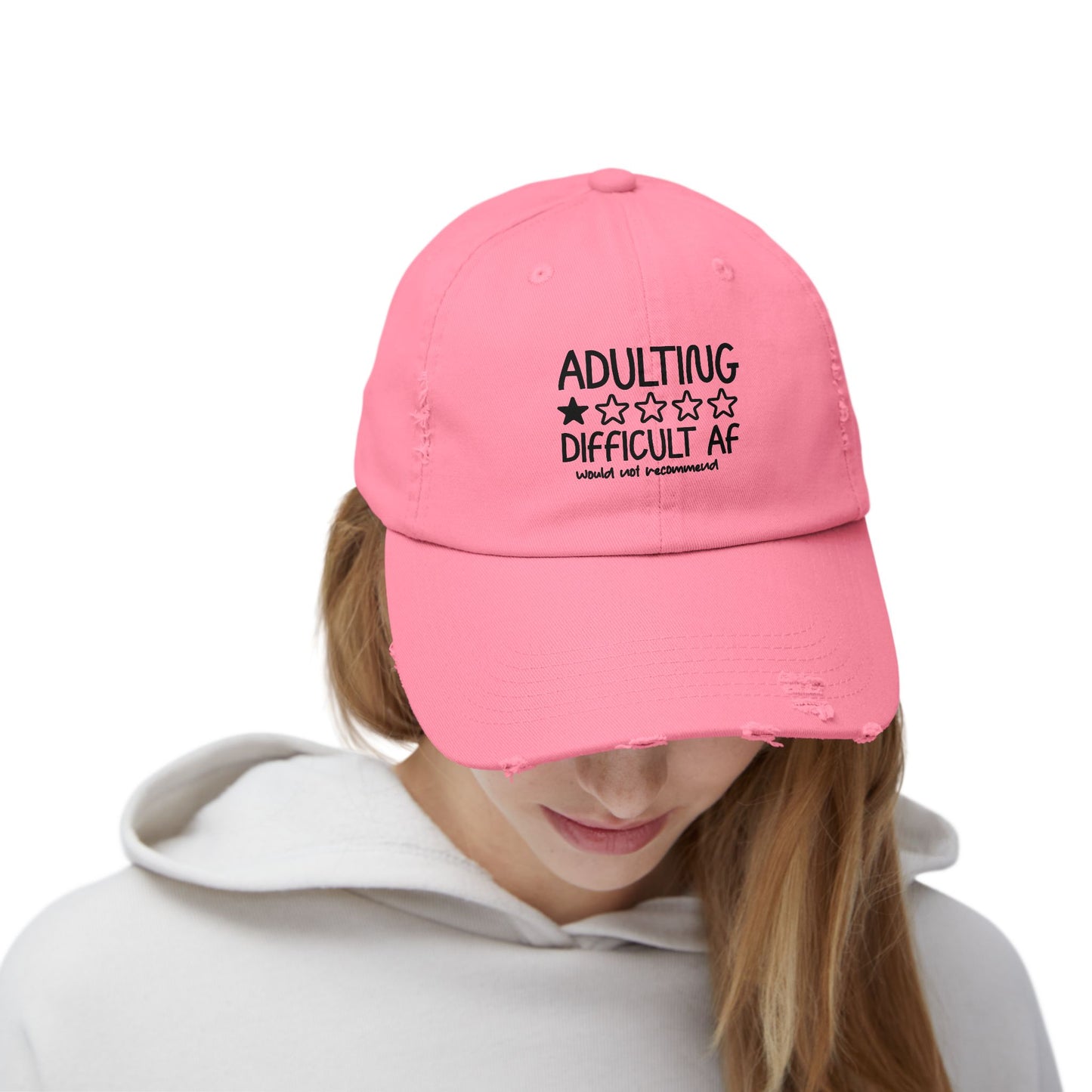 Adulting Difficult AF Distressed Cap — Funny Rating Graphic Hat