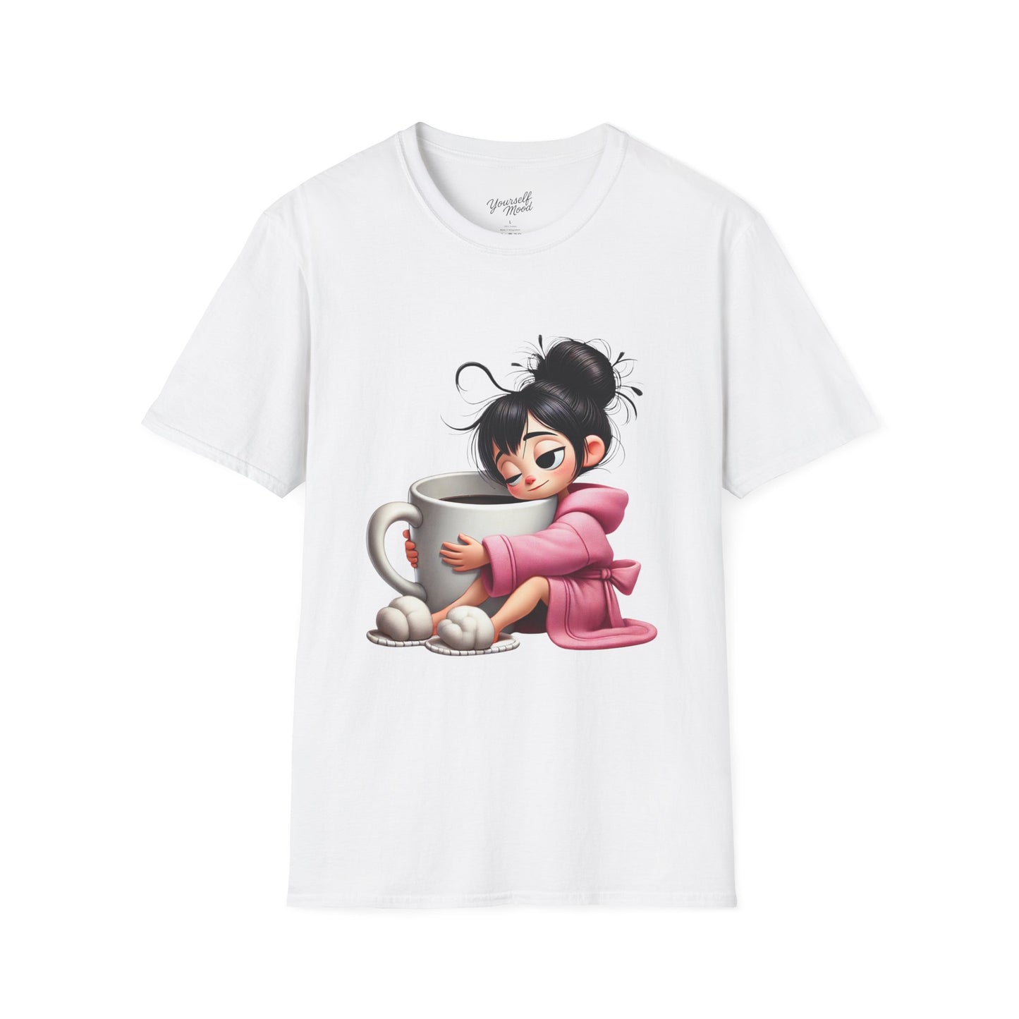 Cozy Graphic Tee with Cute Character, Tshirt for Coffee Lovers