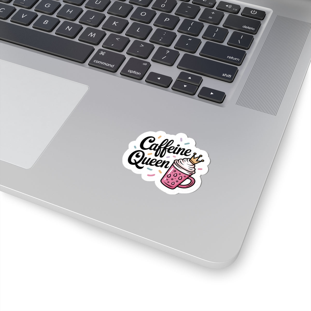 Caffeine Queen Sticker — Cute Pink Coffee Cup Decal with Crown