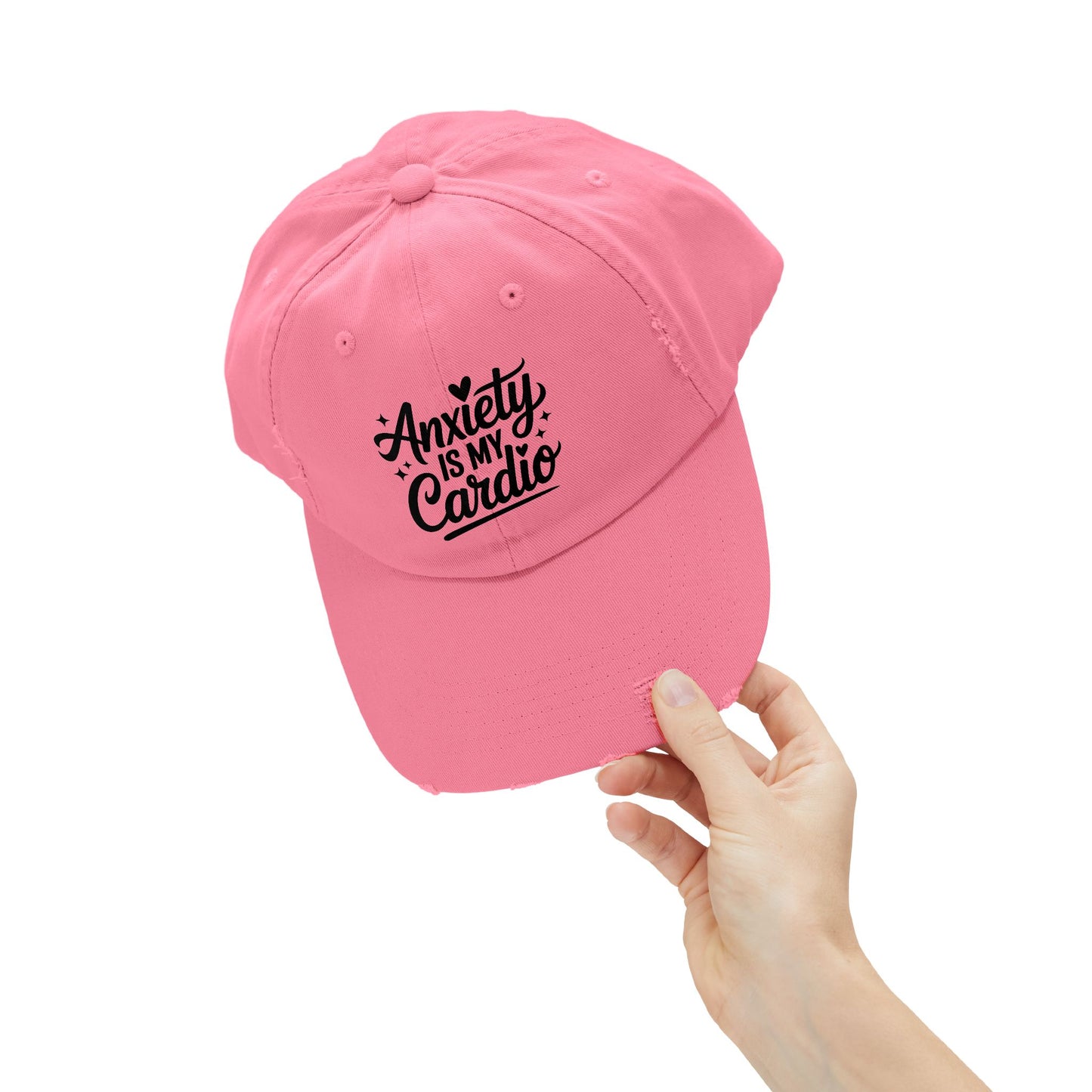 Unisex Distressed Cap with 'Anxiety is My Cardio' -